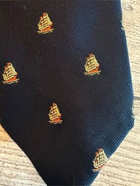 Oleg Cassini Navy Blue Tie with Gold Ship Motifs
